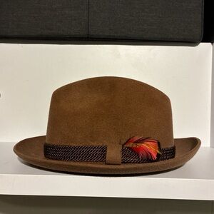 Brown Fedora Hat with Feather Accent